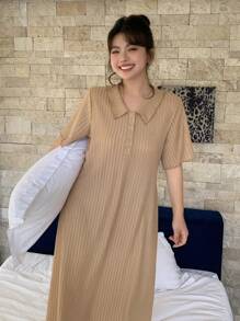 Dazy Plus Plus Size Women Casual Turndown Collar Short Sleeve Solid Color A-Line Summer Dress