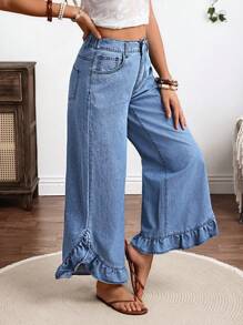 EMERY ROSE Women's Casual Washed Ruffle Hem Wide Leg Jeans - Blue - View 1