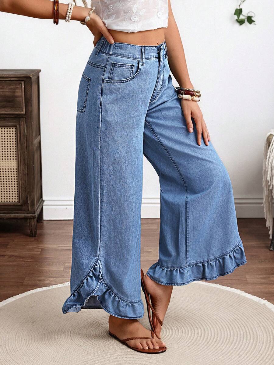 EMERY ROSE Women's Casual Washed Ruffle Hem Wide Leg Jeans - Blue - View 1