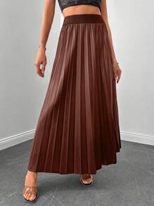 EURMUSE High Waist Pleated Skirt - Mocha Brown - View 5