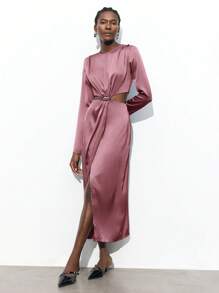 Maija Elegant Vintage-Style Green Long Sleeve Metallic Decor Mid-Length Party Dress For Women, With Exposed Waist And Metal Buckle Business Casual Women's Wear, Office Wear, Low-Key Old Money Style, Effortless Temperament, High-End Urban Commuting, The Same Style As The Editor-In-Chief Of The Magazine, Urban Social Vacation Party Wear, Charming, Low-Key And Durable Basic Style, Versatile And Not Picky Clothing, Street Fashion Wear, Clothing, Coffee Shop, Relaxed Wear