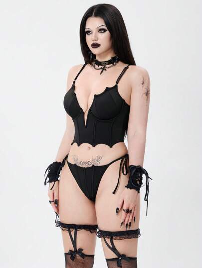 Ensemble bikini gothique pour femmes avec Top à bretelles sans manches à échancrure en V et culotte. Convient pour la plage, les fêtes, Halloween