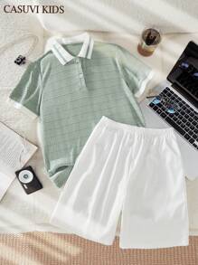SHEIN Set da 2 pezzi per ragazzi pre-adolescenti, comodo, con polo e pantaloncini a maniche corte, per l'estate