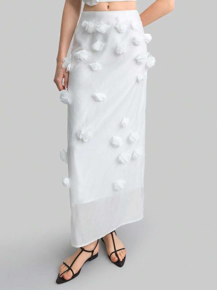 2025 New Arrivals Straight Cut Skirt, Elegant Wedding Style, Ivory Color 3D Floral Design Ladies A-Line Skirt, Spring And Summer