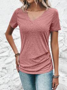 SHEIN Clasi Women's Casual V-Neck Short Sleeve T-Shirt With Side Ruffle And Button Design, Summer - Hot Pink - View 4