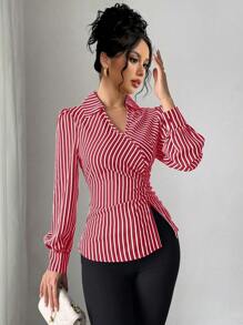 Chiquease 2024年新款女士性感V领褶饰腰部设计衬衫，优雅 - 紅色 - 查看 3