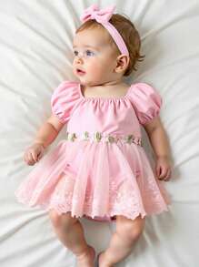 2pcs/Set Baby Girl Elegant Floral Embroidery Lace Trim Bubble Sleeve Square Collar Pink Princess Dress With Bow Headband, Suitable For Birthday, Party, Vacation, Spring/Summer - Pink - View 2