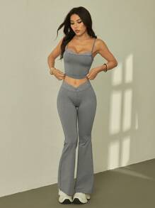 SHEIN PETITE 夏季黑色蕾丝拼接吊带+喇叭裤女修身两件套 - 灰色 - 查看 3