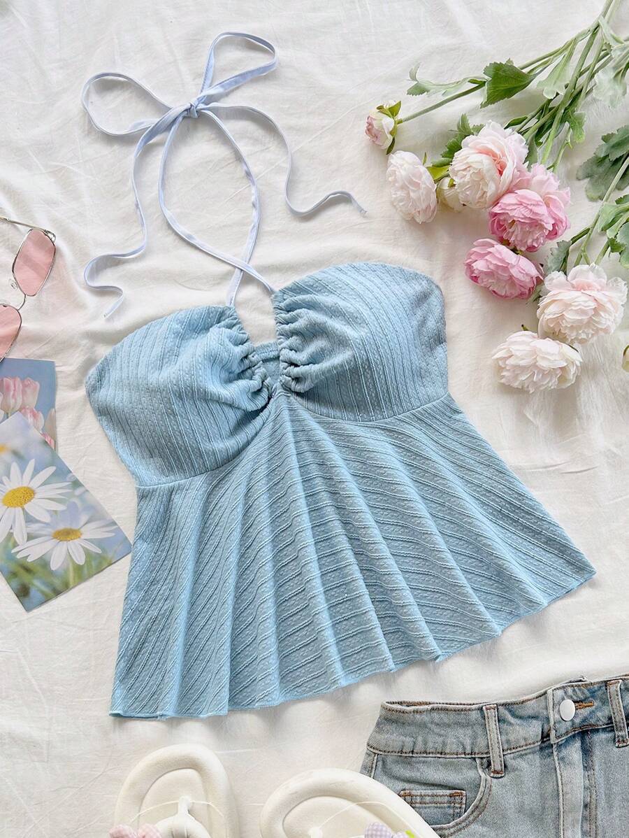 Soleia New Textured Knit Yellow Spaghetti Strap Wrap Front Cami Top For Vacation - Baby Blue - View 1