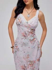 Roylia Robe fourreau moulante à fente et à maille, élégante et sexy avec un motif floral éparpillé - Multicolore - Voir 4