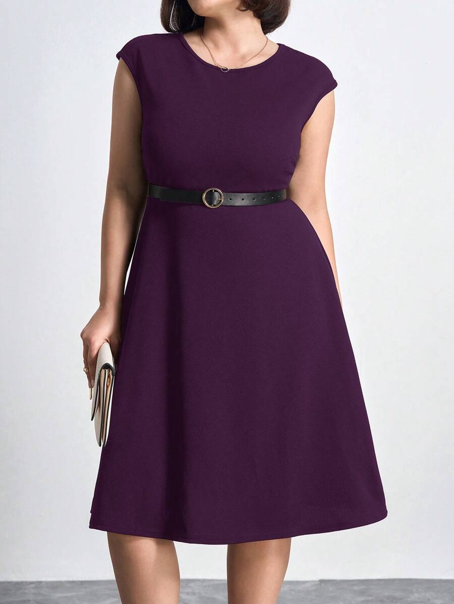 Chikora Plus Size Round Neck Short Sleeve Solid Color Simple Loose Elegant Dress,Office Outfits For Women - Purple - View 1