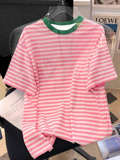 SHEIN 女士粉色条纹圆领多巴胺宽松休闲短袖 T 恤，超大版型打底衫