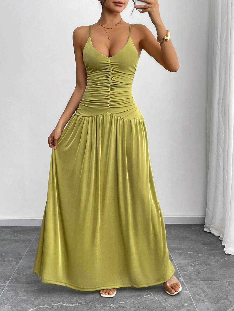 Elenzga Women's Summer Vacation Dress, Vintage French V-Neck Ruffle Slip Dress, Cinched Waist Fitted Long Dress - Olive Green - View 1