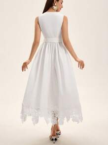 GENKIRA New Summer Classic Casual Vacation Style V-Neck Metal Sun Buckle Decor Cinched Waist Fitted Slim Lace Patchwork Hem Flared Dress, Elegant Court Style Sleeveless Ladies Dress - White - View 2