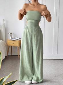 SHEIN EZwear 大码女式夏季性感绿色露背吊带连体裤 - 綠色 - 查看 4