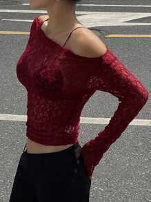 DAZY Women's Lace Shoulder Cut Out Fitted Cropped Sheer Blouse, White, Spring/Summer Y2k Long Sleeve Women Tops,Fall Women Clothes - Burgundy - View 3