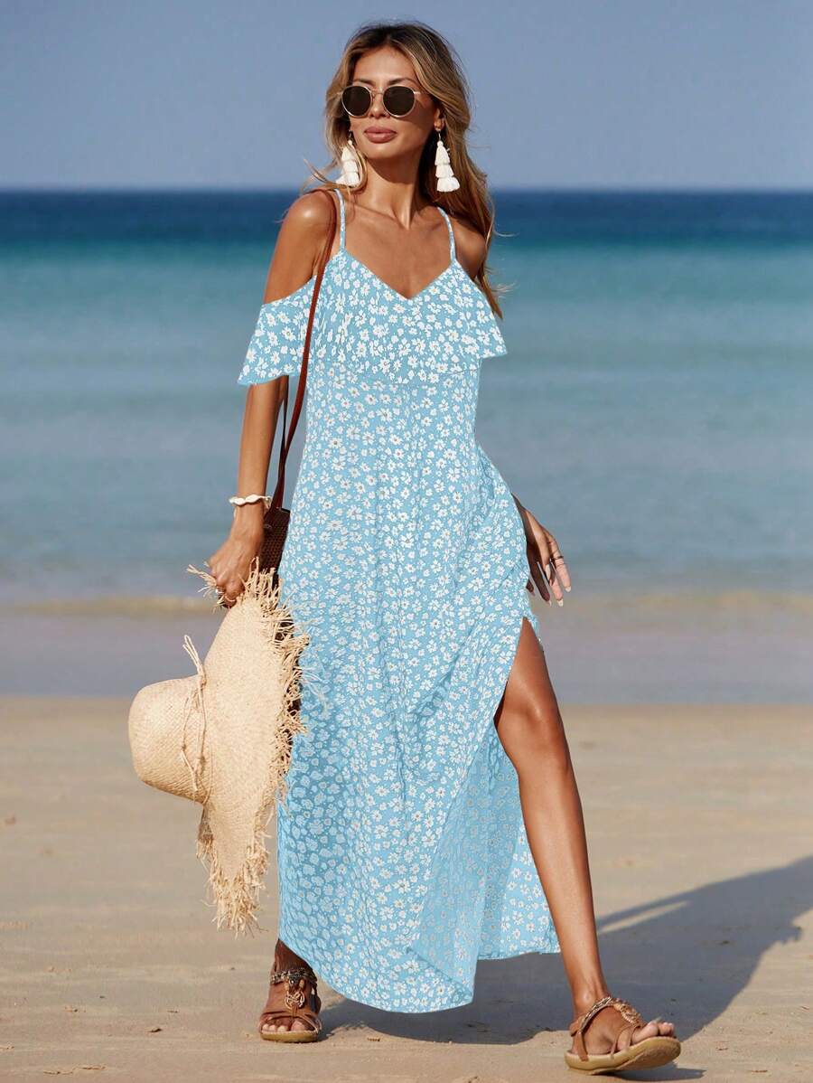 Breezaya Vestido largo con estampado floral dividido, hombros descubiertos, atuendo de vacaciones y playa para mujer - Multicolor - Ver 1