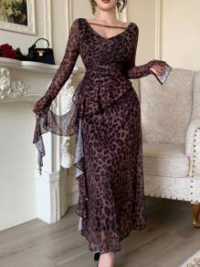 Modelyn Women's Leopard Printed Mesh Ruffle Tie Elegant Summer Sheer Dress - Coffee Brown - View 4