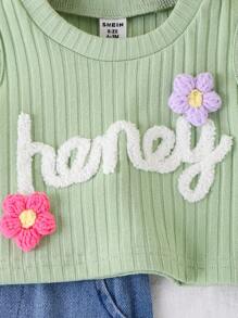 Baby Girl 2024 Summer New Solid Pink Floral Sleeveless Tank Top + Denim Floral Shorts Set - Green - View 7