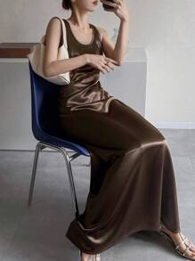 FRIFUL Women's Simple Solid Color Round Neck Camisole Dress, Summer - Brown - View 1