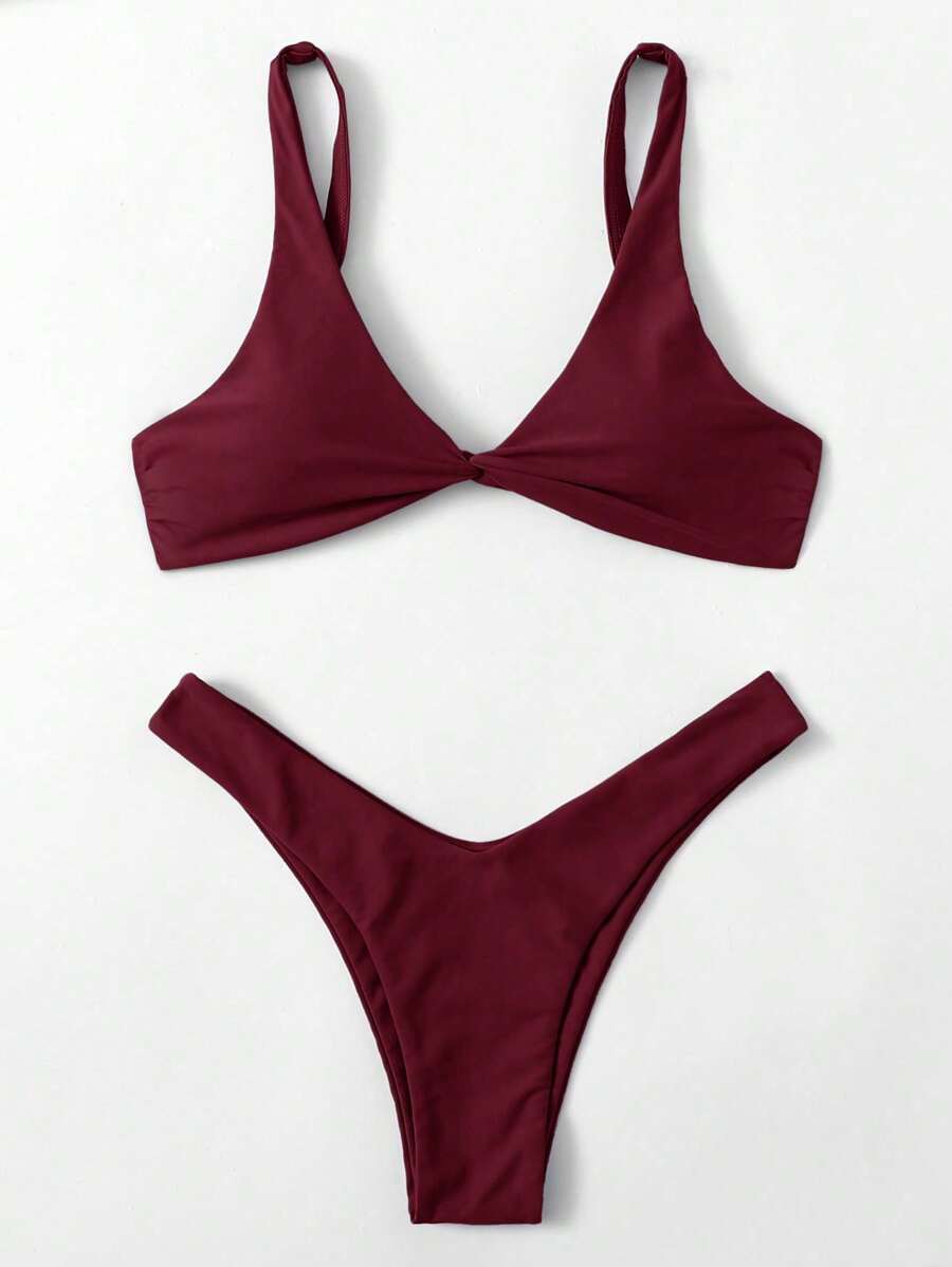Swim Chiccia Women's Summer Beach Solid Color Twist Front Sexy Bikini Set