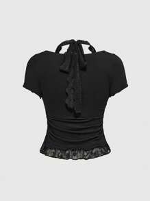 ROMWE Grunge Punk Maglietta da donna con scollo quadrato, slim fit, con stampa "Garbage Punk Bro", con patchwork in pizzo e strass.