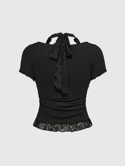 Grunge Punk Lace Patchwork & Rhinestone "Garbage Punk Bro" Letter Print Slim Fit Square Neck Women T-Shirt