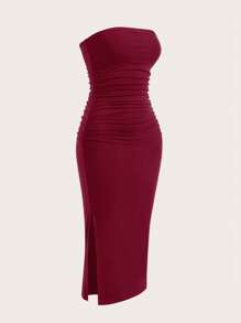 SHEIN EZwear 女士多色无袖针织褶皱开衩优雅连衣裙 - 酒紅色 - 查看 3