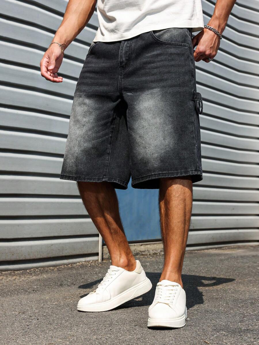 Manfinity Homme 男士口袋宽松休闲百搭牛仔短裤 - 黑色 - 查看 1