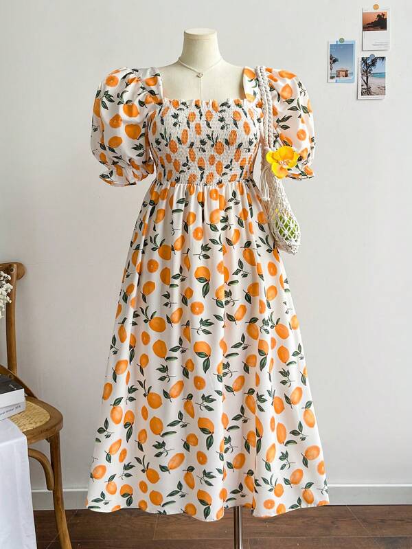 Soleia Plus Size Boho Fruit Print Square Neck Puff Sleeve Dress, For Summer,Beach Dress Sundress,Holiday Outfits