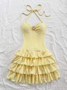 Soleia Vacation Romantic Tie Neck Ruffle Layered Mini Dress, Light Yellow, Suitable For Music Festival, Boho, Holiday Date, Afternoon Tea, Beachside, Summer Outfit Butter Yellow Dress Vacation Dress - Yellow - View 4