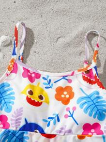 BABY SHARK X SHEIN Tween Girls Colorful Floral & Cartoon Shark Family Print Sleeveless Layered Ruffle Trim Tank Top And Shorts Bikini Swimwear Set - Multicolor - View 5
