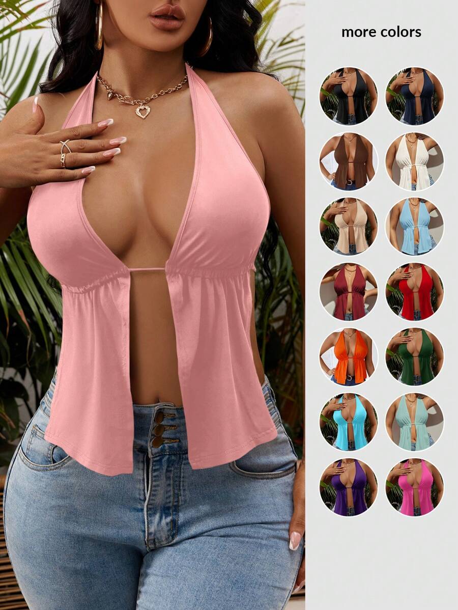 SHEIN SXY Summer Front Slit, Backless, Knotted Halterneck Beach Top - Pink - View 1