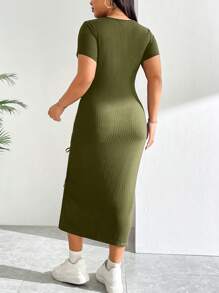 SHEIN Essnce Plus Size Women Spring And Summer Casual Slim Fit Comfortable Slit Gathered Drawstring Army Green Dress, Slim Fit Dress, Summer Women's Clothes, Midi Dress,Long Bodycon Dress,Curve Plus,European Summer - Army Green - View 2