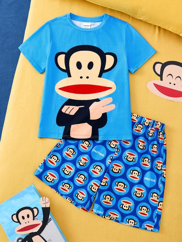 Paul Frank X SHEIN Tween Boy Cartoon Monkey Print Loose Summer T-Shirt And Shorts Pajama Set
