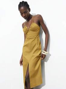 Maija 新款春夏芥末黄可调节细肩带收腰褶皱前开衩亚麻质感连衣裙，修身剪裁，适合度假、狂欢节、优雅派对、情人节等场合。 - 黃色 - 查看 6