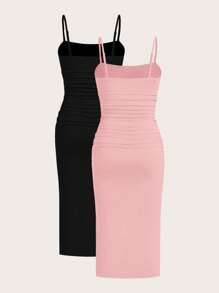 SHEIN EZwear 2件套女士夏季针织基本款修身吊带背心连衣裙 - 粉色 - 查看 2