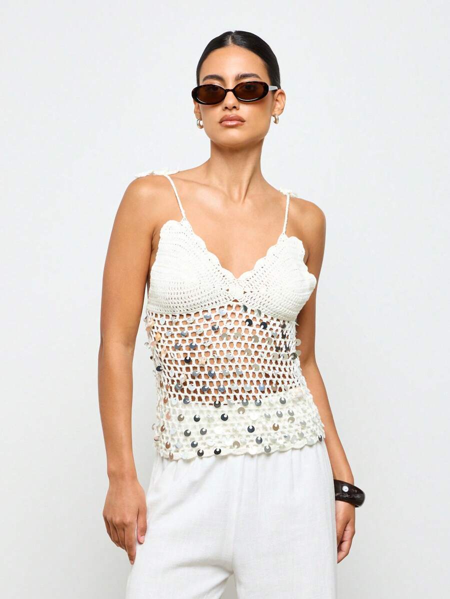 AiiRZ Handmade Crochet Knit Cami Top Beaded Summer Festival Bohemian Beach Resort Wear With Metallic Sequin Details Spaghetti Strap - Apricot - View 1