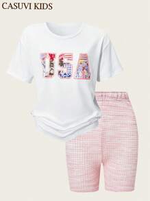 SHEIN 2pcs/Set Girls American Letter Print Crew Neck Short Sleeve Tee And Shorts Set, Casual Fashion Set Outfit For Girls