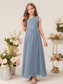 Flower Girl A-Line One Shoulder Hollow Out Floor Length Chiffon Dress For Wedding, Birthday, Party, Performance - Blue - View 5