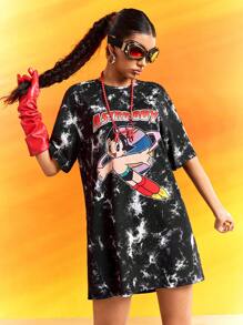 Astro Boy X SHEIN Round Neck Short Sleeve Loose Summer Comfort, Cartoon Casual Street Cool, Black And White Tie-Dye English Letter Graphic Women's Short Dress
