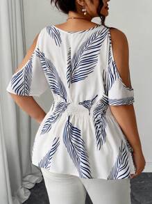 Elenzga Plus Size Women's V-Neck Short Sleeve Crossover Tie Waist Tropical Leaf Print Navy Blue Boho Summer Vacation Holiday Casual Blouse,Flowy Hem Tops - White - View 2