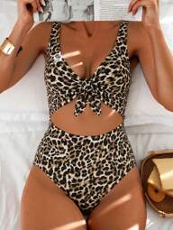 Swim Lushoire Newest Multi-Color Leopard Print Chest Tie Up Sexy Fitted One-Piece Bikini Swimsuit For Summer Beach Vacation