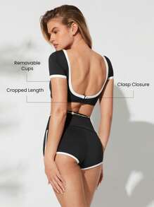 GLOWMODE Power Dip Nhanh Khô Chống Clo Có Thể Tháo Rời Các Cốc Colorblock Viền Lưng Thấp Cổ Tròn Tay Ngắn Áo Bikini Ngắn Áo Bơi Bãi Biển Hồ Bơi Kỳ Nghỉ Khu Nghỉ Dưỡng Du Lịch Mặc Mùa Hè - màu đen - Xem 2