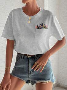 EURMUSE 100%Cotton T-Shirt With Flower Embroidery, Round Collar, Pocket Details - Grey - View 5