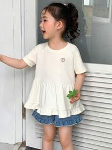 DAZY Camiseta de manga corta de cuello redondo casual con bordado para niñas, conjuntos de verano para niñas
