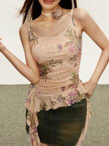 Rina Fox Women's Spaghetti Strap 3D Flower Decor Ruffle Hem Camisole Top - Apricot - View 2