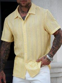 Manfinity RSRT Men's Vacation Casual Style, INS Matched With A Knitted Crochet Texture Green Plant Pattern Design Short-Sleeve Casual Vacation Shirt. With A Button Placket And A French Elegant Romantic Feel Men's Floral Print Short Sleeve Single-Breasted Casual Shirt, Tropical Shirts For Men, Nice Shirts For Men, Shirts For Men Graphic, Men's Tropical Shirts, Yellow Shirt Men, Men's Retro Shirts, Knit Shirt