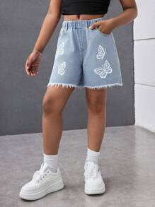 Tween Girls Y2K Fashion Streetwear Light Blue Washed Butterfly Print Cute Denim Loose Baggy Elastic High Waist Bermuda Shorts Denim Baggy Long Short With Raw Hem,Girls Summer Beach Boho Vacation Shorts, Summer Concert Festival Casual Rave Outfits, Girls Summer Brunch Church Graduation Outfits,Streetwear Back To School Outfits - Light Wash - View 6