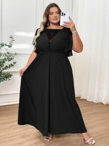 SHEIN CURVE+ Vestido de talla grande para mujer con mangas de volantes de malla bordada y parches, elegante para el verano/campo/vacaciones en la playa/atuendos de playa/ropa de playa - Negro - Ver 8